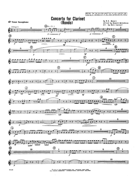 Concerto For Clarinet - Rondo (3rd Movement) - K.622 - Bb Tenor Saxophone