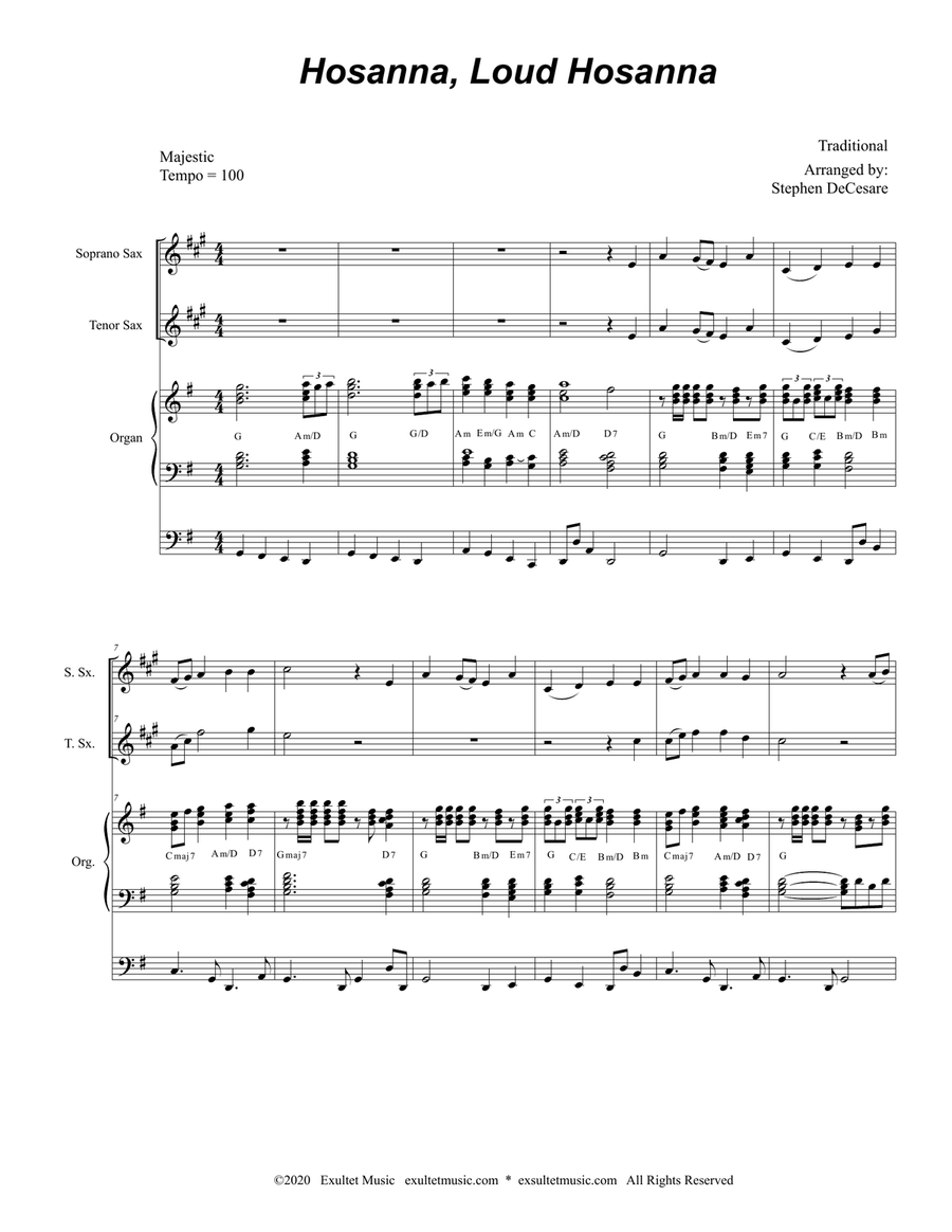 Hosanna, Loud Hosanna (Duet for Soprano and Tenor Saxophone - Organ accompaniment) Woodwind Duet scores gallery preview page 1