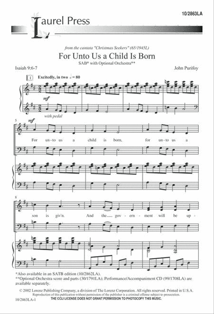 For Unto Us a Child is Born 3-Part scores gallery preview page 1