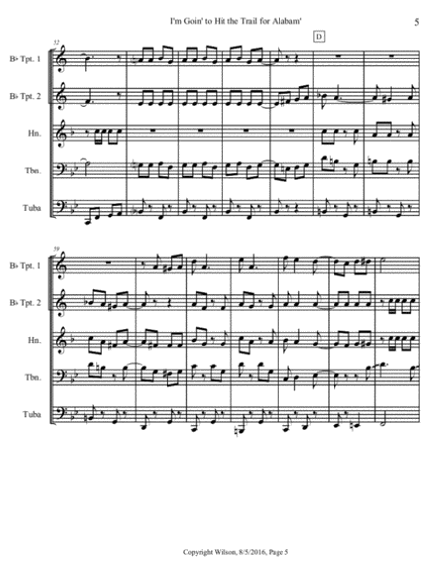 I'm Goin' to Hit the Trail for Alabam' Brass Quintet scores gallery preview page 6