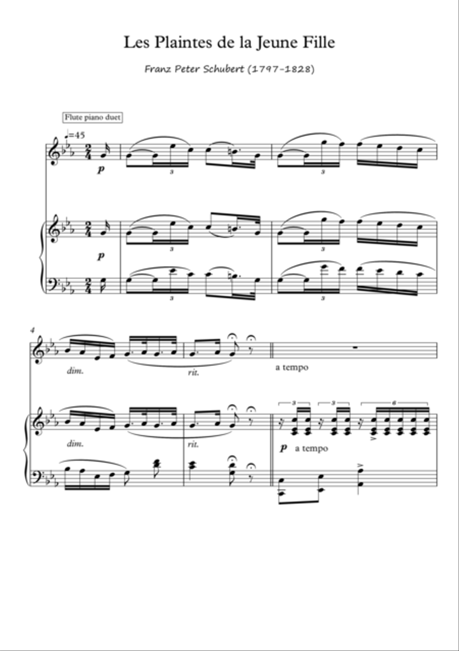 Les Plaintes Flute piano duet de Schubert Flute Duet scores gallery preview page 1