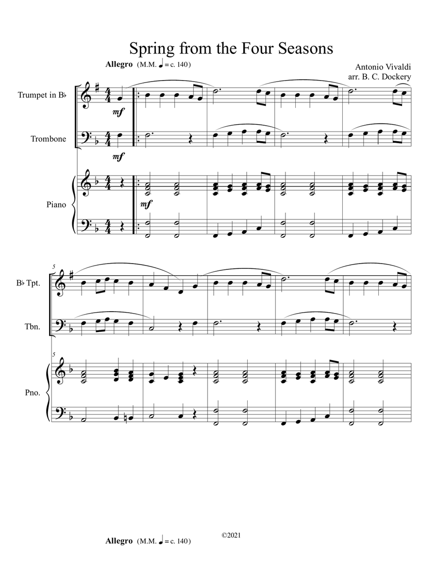 Spring from the Four Seasons (Trumpet and Trombone Duet) with piano accompaniment Brass Duet scores gallery preview page 1
