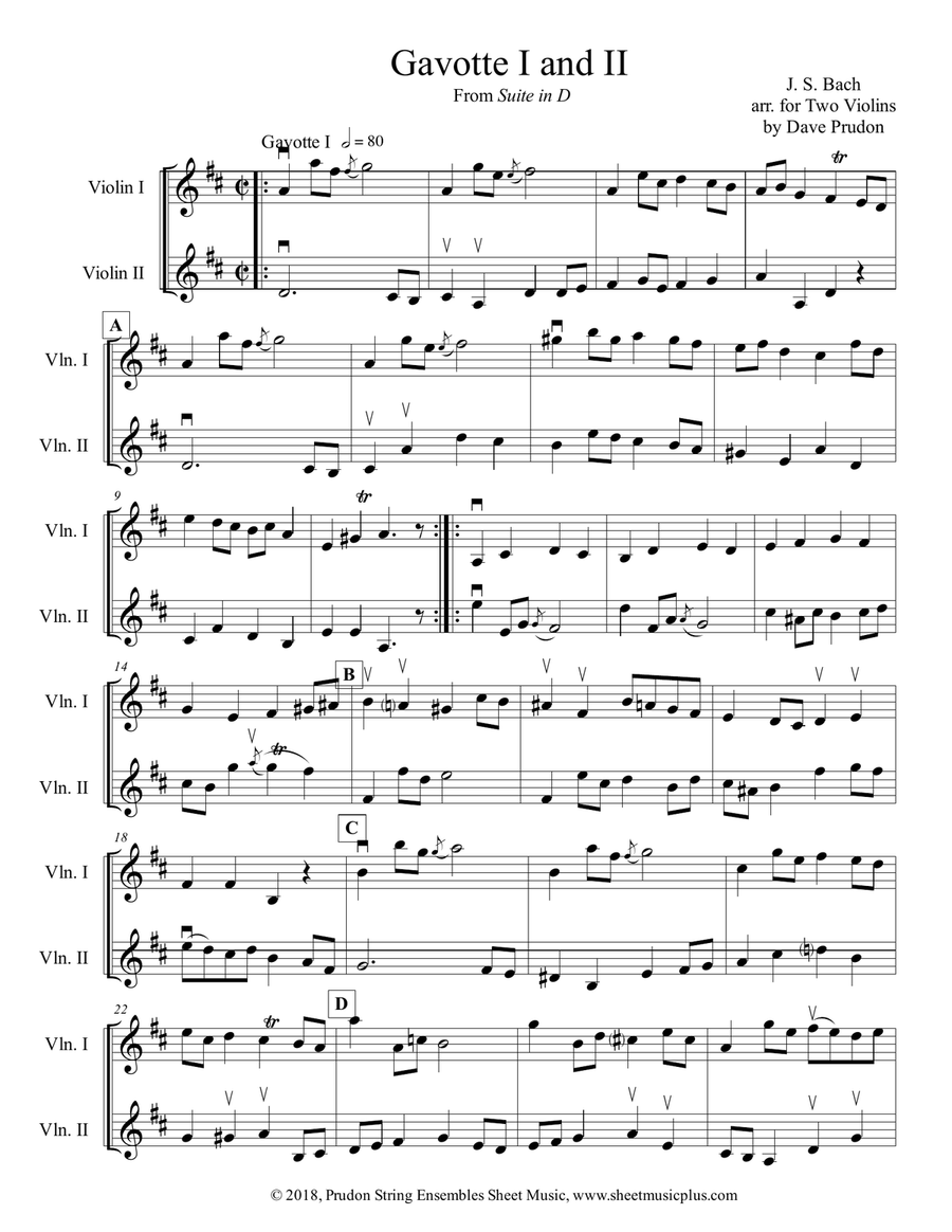 Bach Gavotte I & II for Two Violins String Duet scores gallery preview page 1