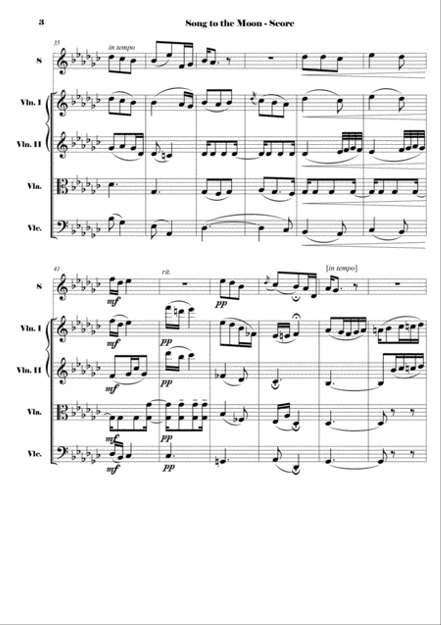 Dvorak - Song to the Moon from Rusalka, Op. 114 - Reduction for Soprano and String Quartet (SCORE) Small Ensemble scores gallery preview page 4