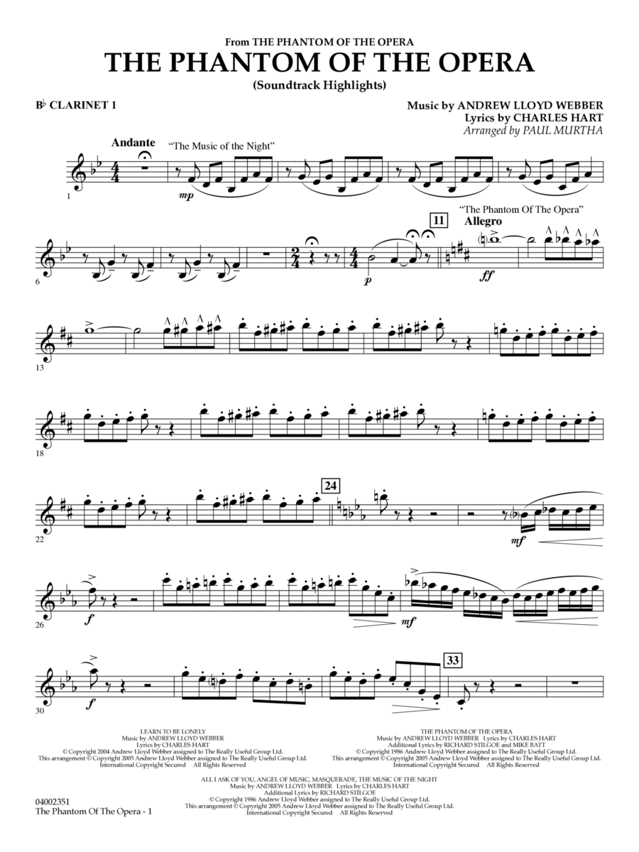 The Phantom Of The Opera (Soundtrack Highlights) (arr. Paul Murtha) - Bb Clarinet 1 Concert Band scores gallery preview page 1
