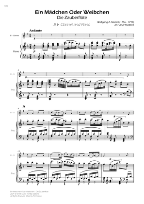 Ein Mädchen Oder Weibchen - Bb Clarinet and Piano (Full Score)