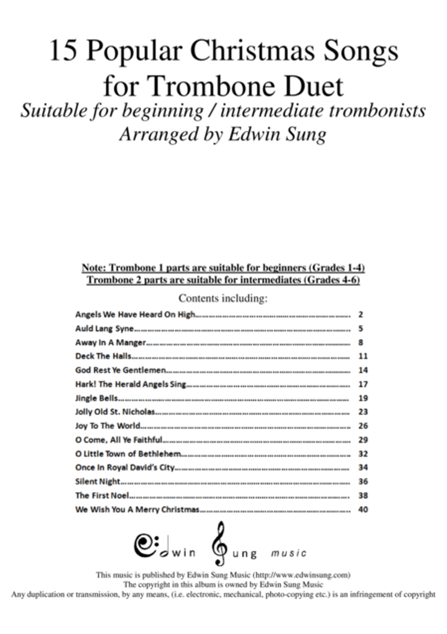 15 Popular Christmas Songs for Trombone Duet (Suitable for beginning / intermediate trombonists) Trombone Duet scores gallery preview page 1
