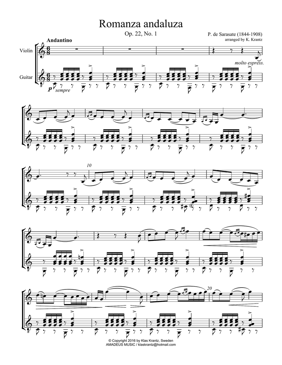 Romanza andaluza Op. 22 for violin and guitar String Duet scores gallery preview page 2