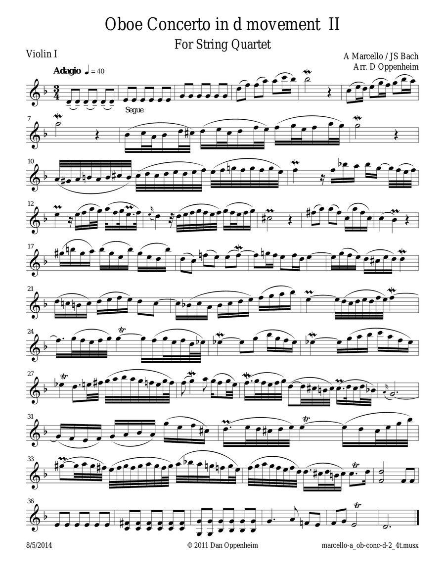 Marcello A: Oboe Concerto in d movement 2 (Adagio) arranged for String Quartet String Quartet scores gallery preview page 4