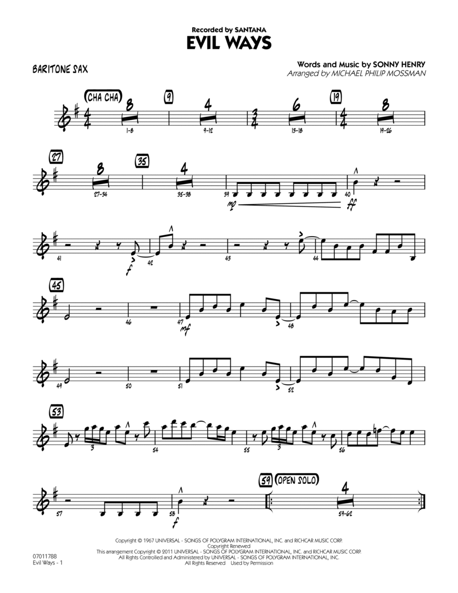 Evil Ways - Baritone Sax Jazz Ensemble scores gallery preview page 1