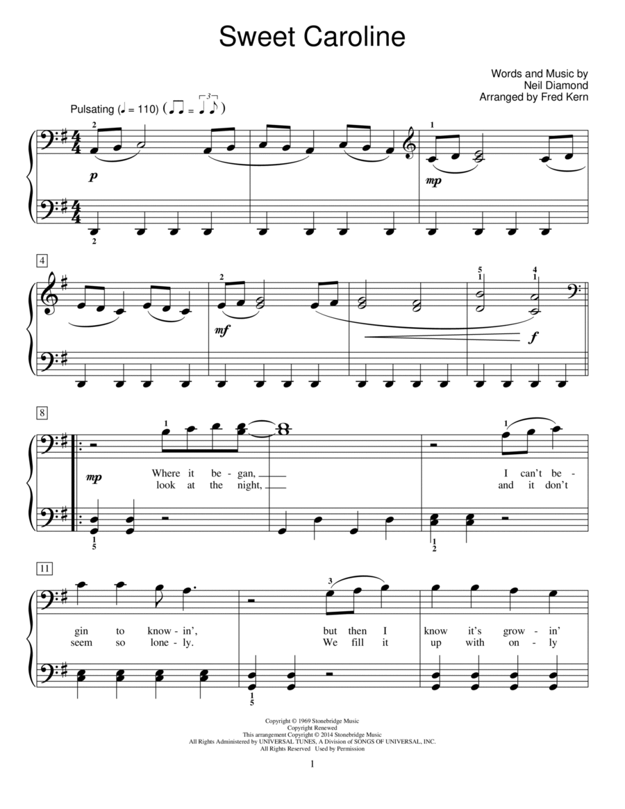 Sweet Caroline (arr. Fred Kern) Piano Method scores gallery preview page 1