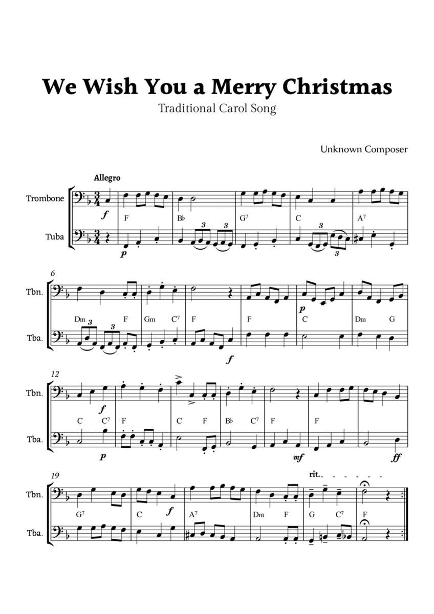 We Wish you a Merry Christmas for Trombone and Tuba Duet with Chords image number null