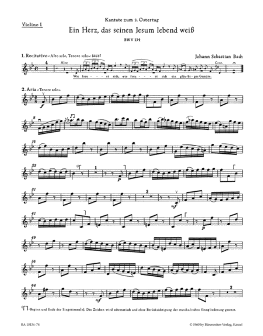 Ein Herz, das seinen Jesum lebend weiss BWV 134 by Johann Sebastian Bach Violin - Sheet Music