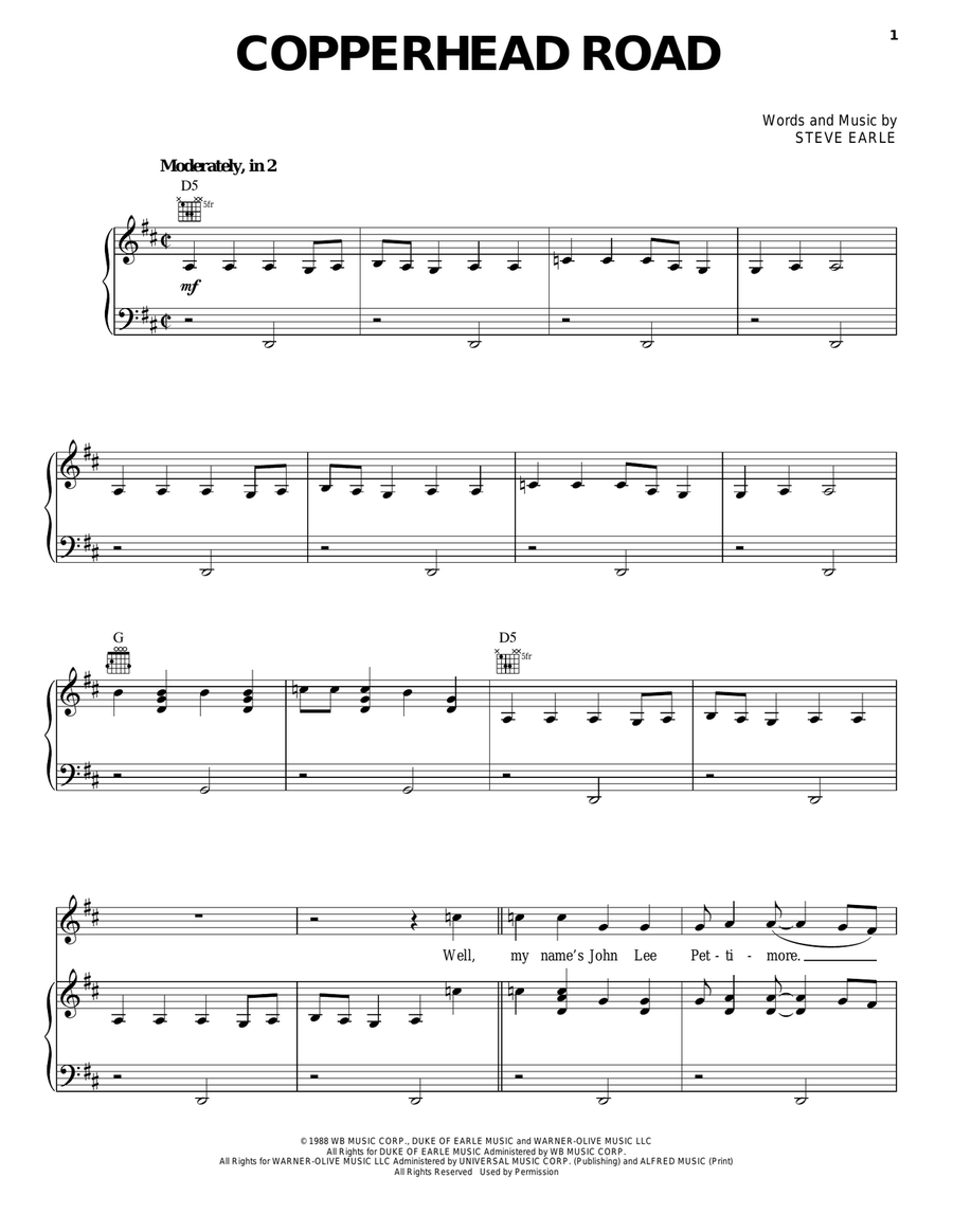Copperhead Road Piano, Vocal, Guitar scores gallery preview page 1