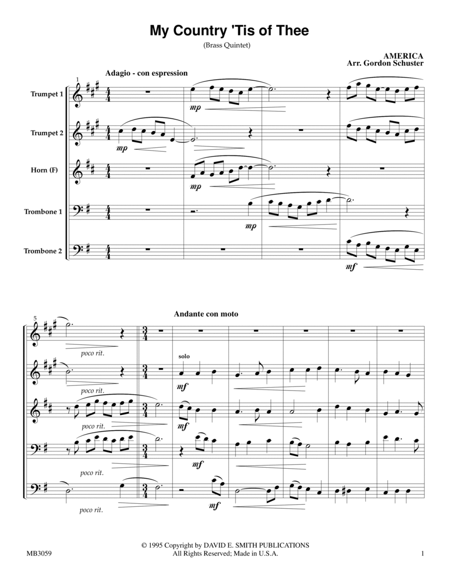 My Country 'Tis of Thee My Country 'Tis of Thee Brass Quintet scores gallery preview page 1