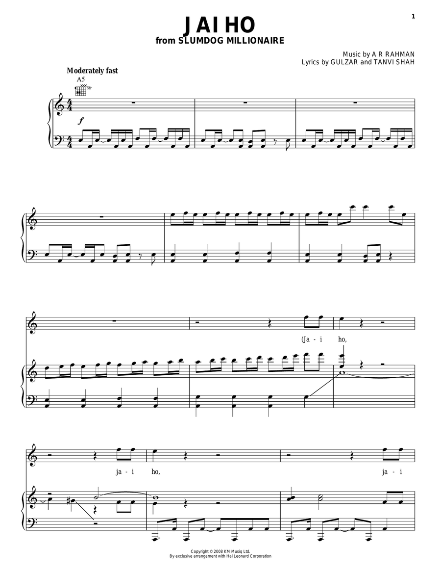 Jai Ho Piano, Vocal, Guitar scores gallery preview page 1