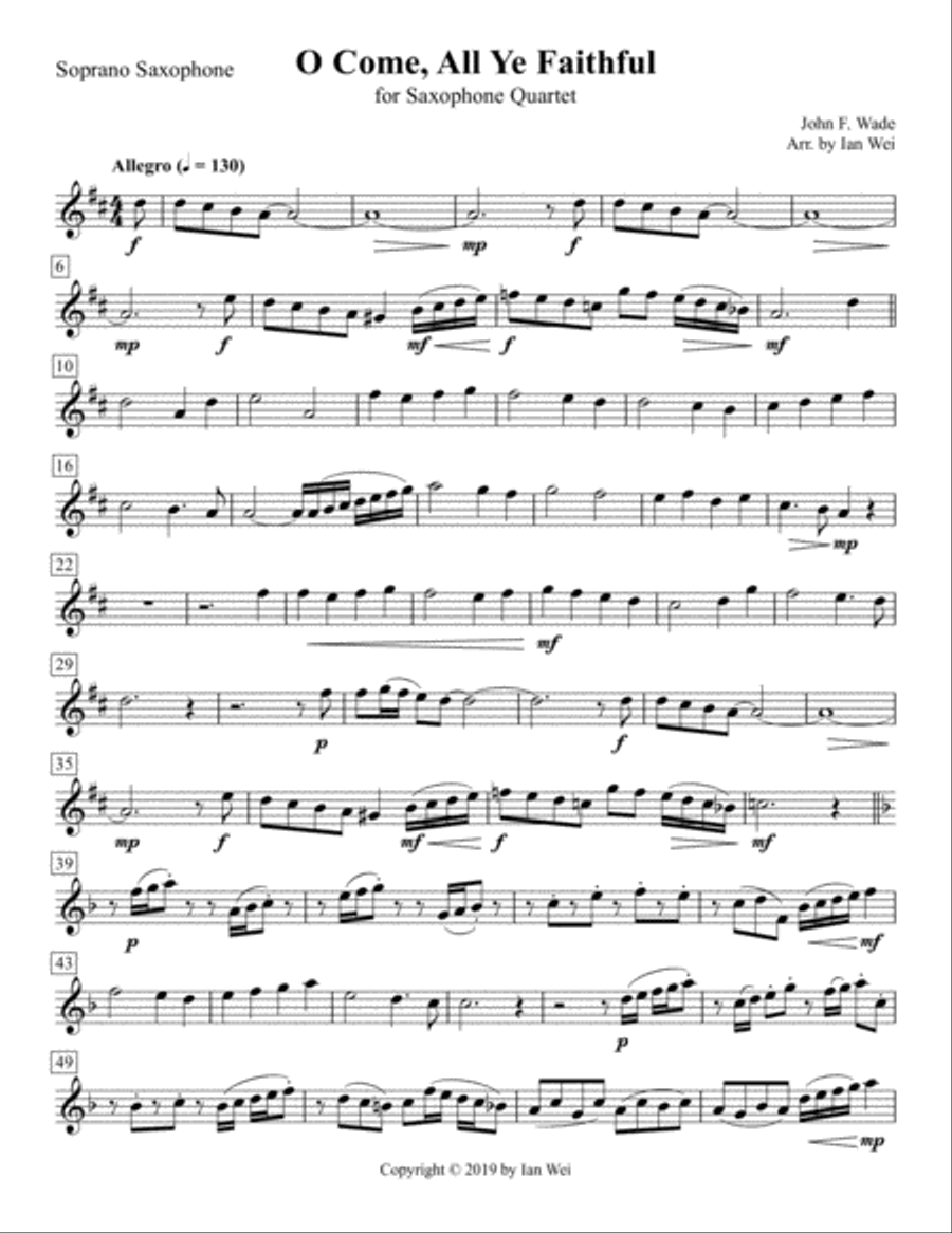 O Come, All Ye Faithful for Saxophone Quartet Saxophone Quartet scores gallery preview page 1