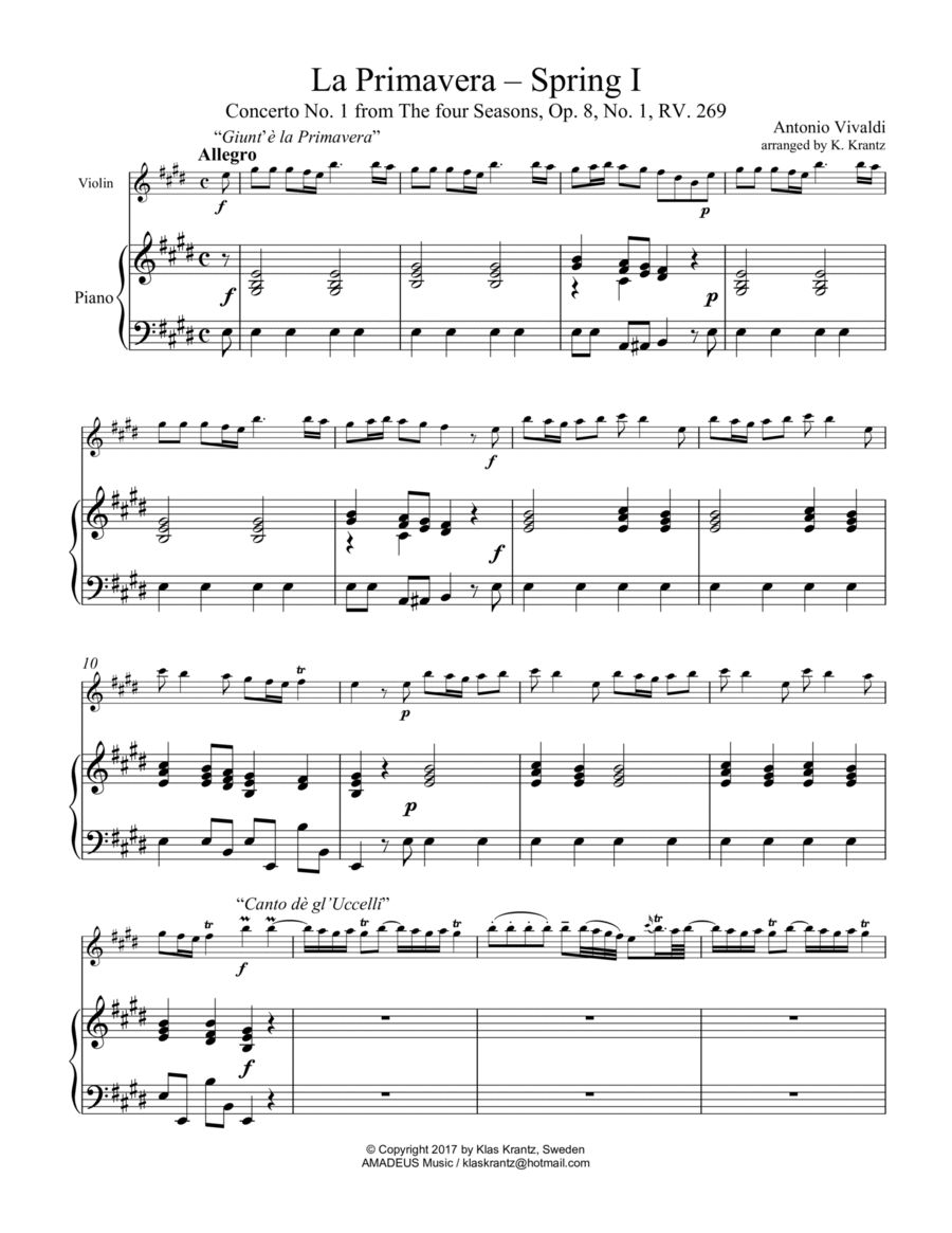 Allegro (i) from La Primavera (Spring) RV. 269 for violin and piano Violin Solo scores gallery preview page 1