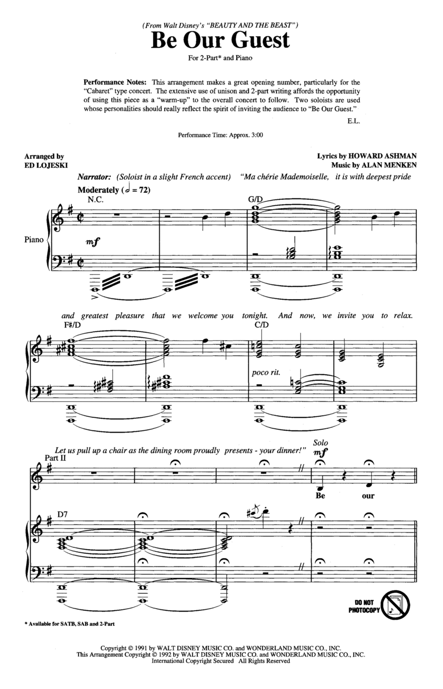Be Our Guest (from Beauty And The Beast) (arr. Ed Lojeski) 2-Part scores gallery preview page 1
