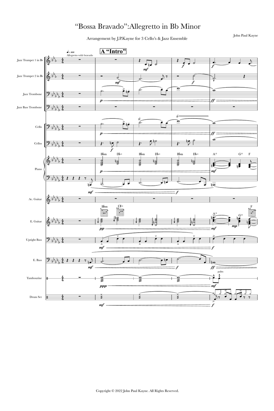 Bossa Bravado; Allegretto in Bb Minor; for 3 cellos & Jazz Ensemble Jazz Ensemble scores gallery preview page 1