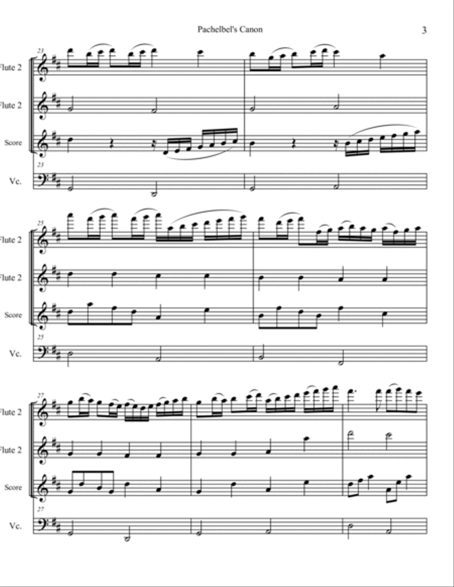 Pachelbel's Canon for Flute Trio with optional Cello or other Bass Instrument Large Ensemble scores gallery preview page 3