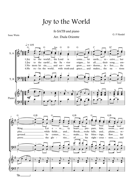 Joy to the World (G major - SATB - with chords - with piano - four staff) image number null