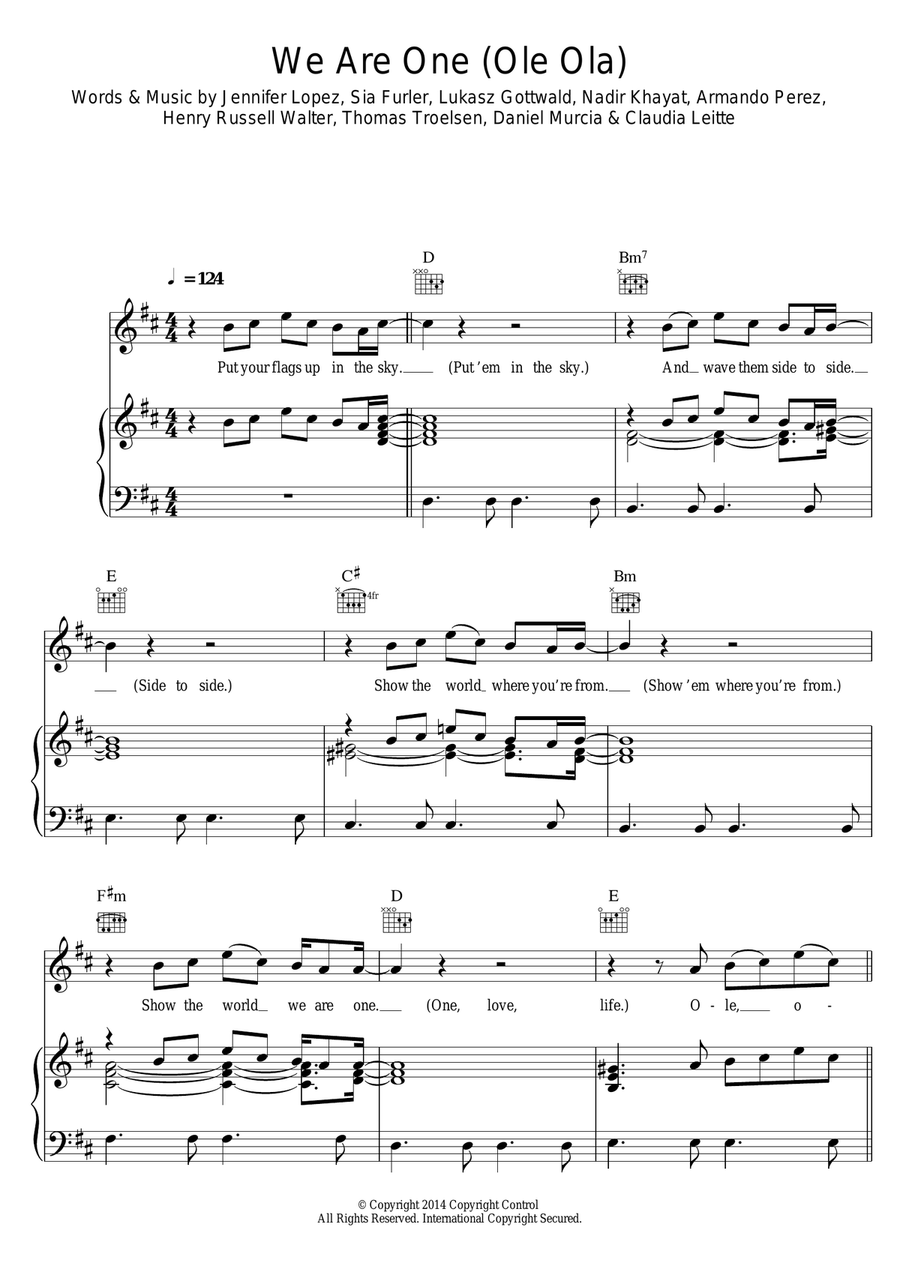We Are One (Ole Ola) Piano, Vocal, Guitar scores gallery preview page 1