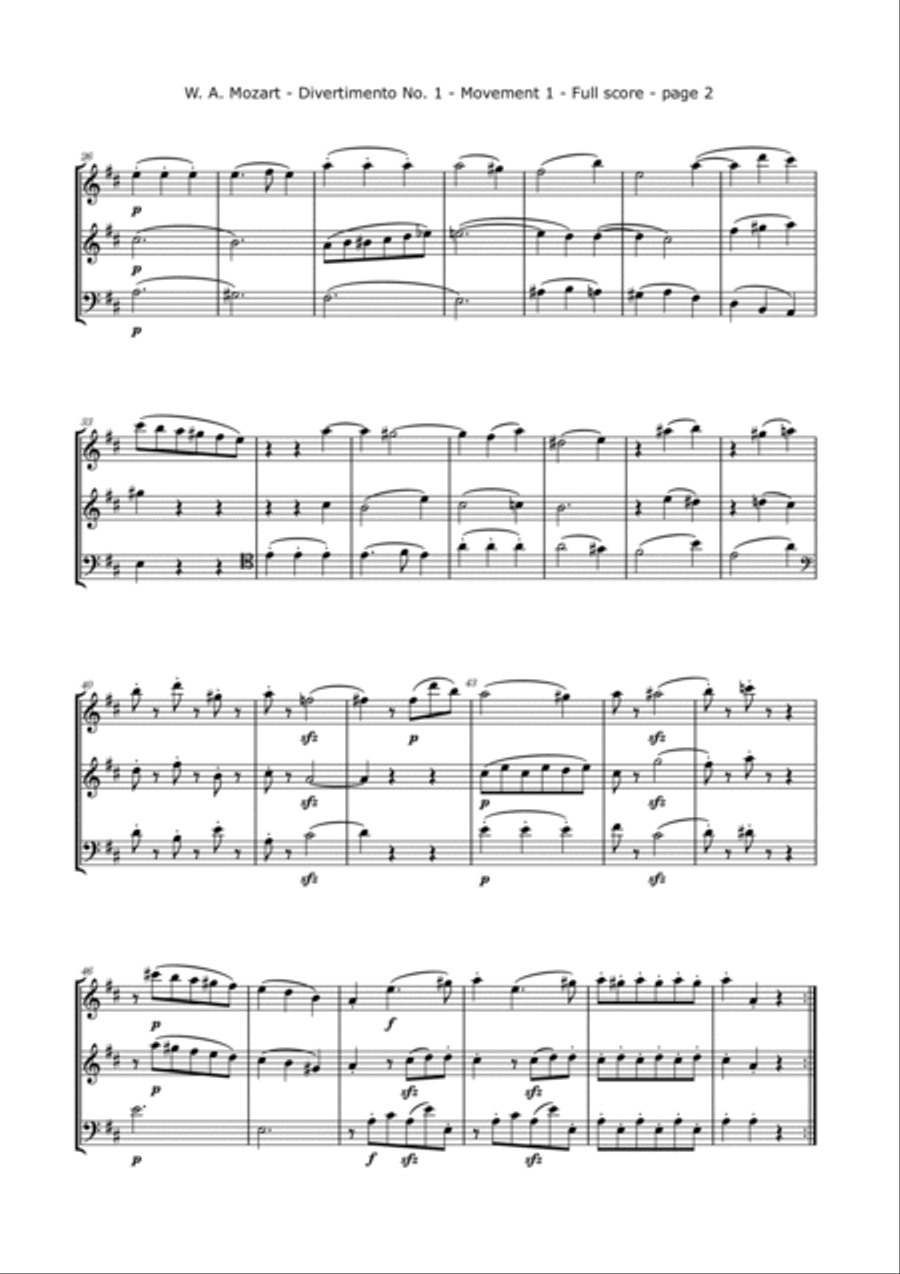 Mozart, W. - Divertimento No. 1 K. 229, Arranged for 2 Violins and Cello String Trio scores gallery preview page 3