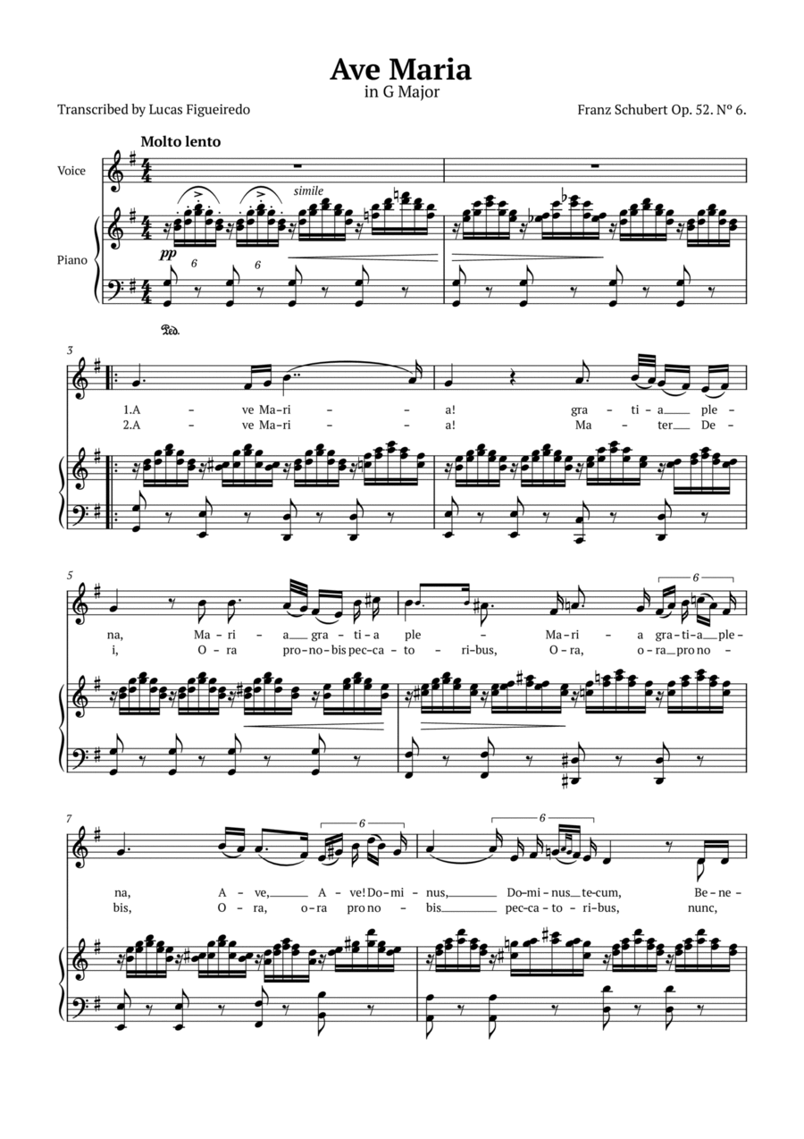 Ave Maria (Schubert) in G Major for Piano and Voice (Lyrics in Latin) Voice scores gallery preview page 1