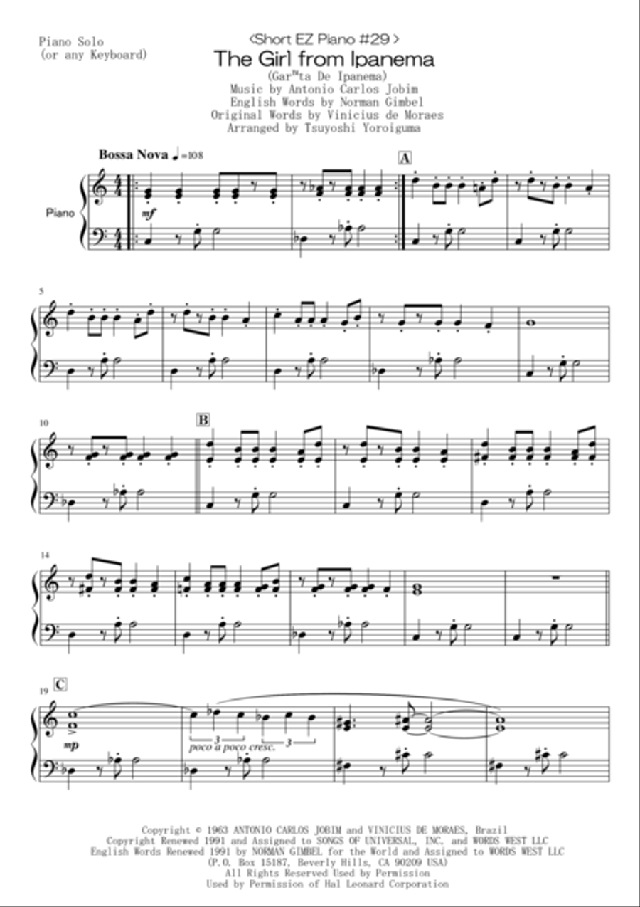 The Girl From Ipanema (Garota De Ipanema) Easy Piano scores gallery preview page 1