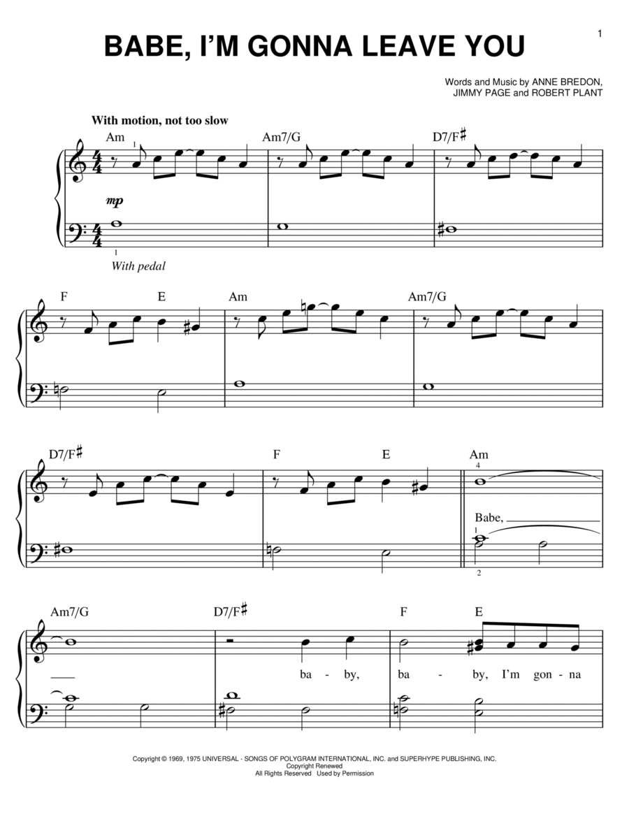 Babe, I'm Gonna Leave You Easy Piano scores gallery preview page 1
