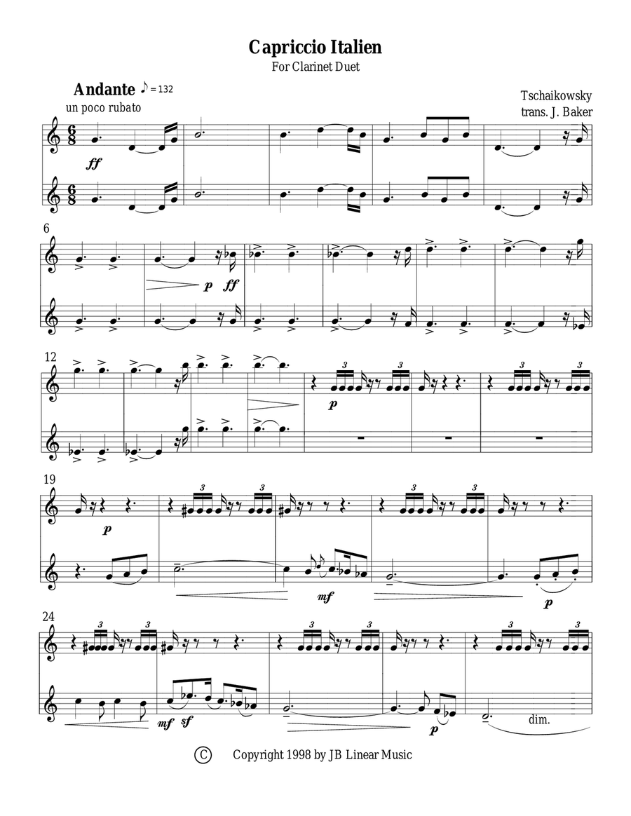 Capriccio Italien for clarinet duet (Tchaikowsky) Clarinet Duet scores gallery preview page 1
