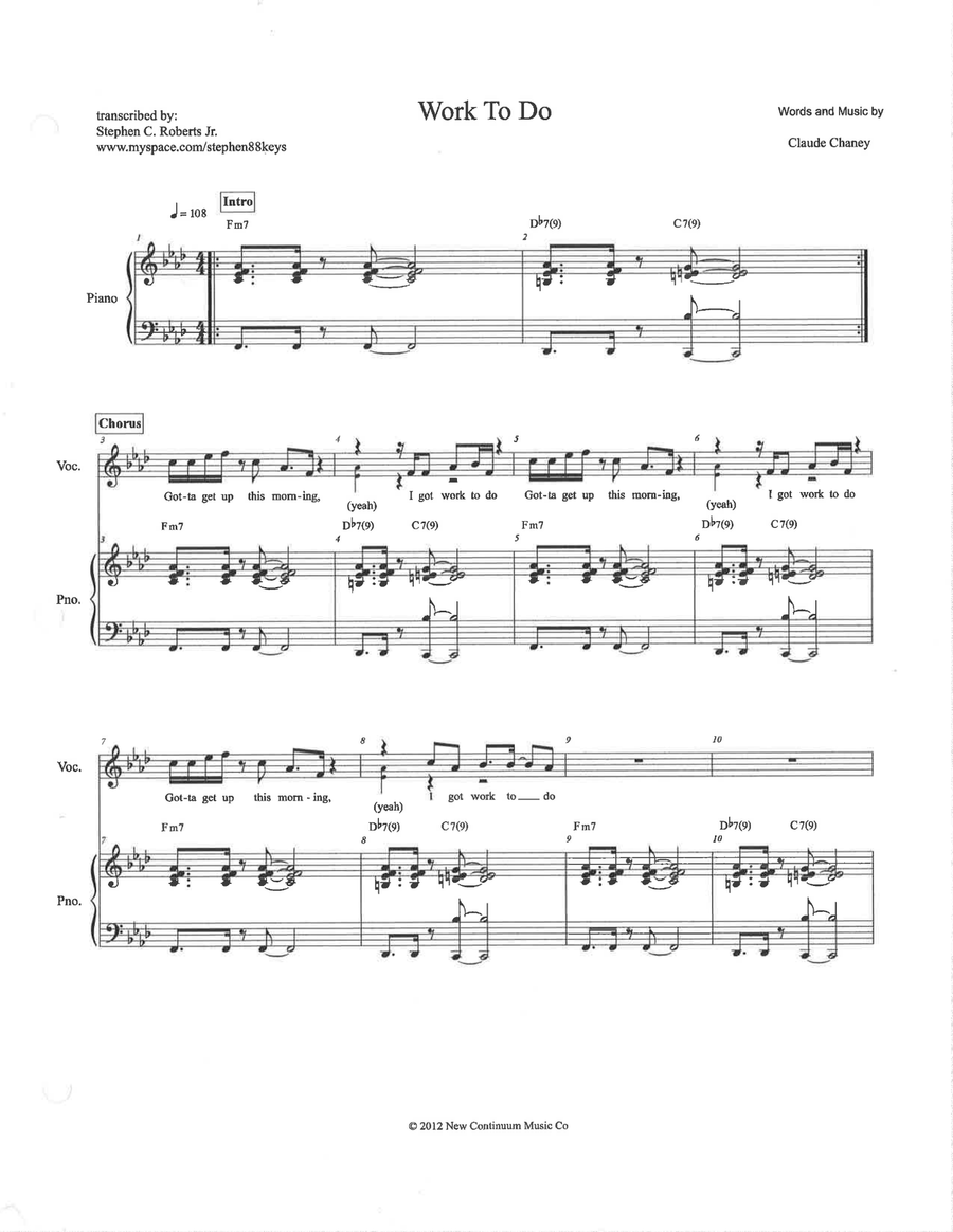Work To Do Piano, Vocal scores gallery preview page 1