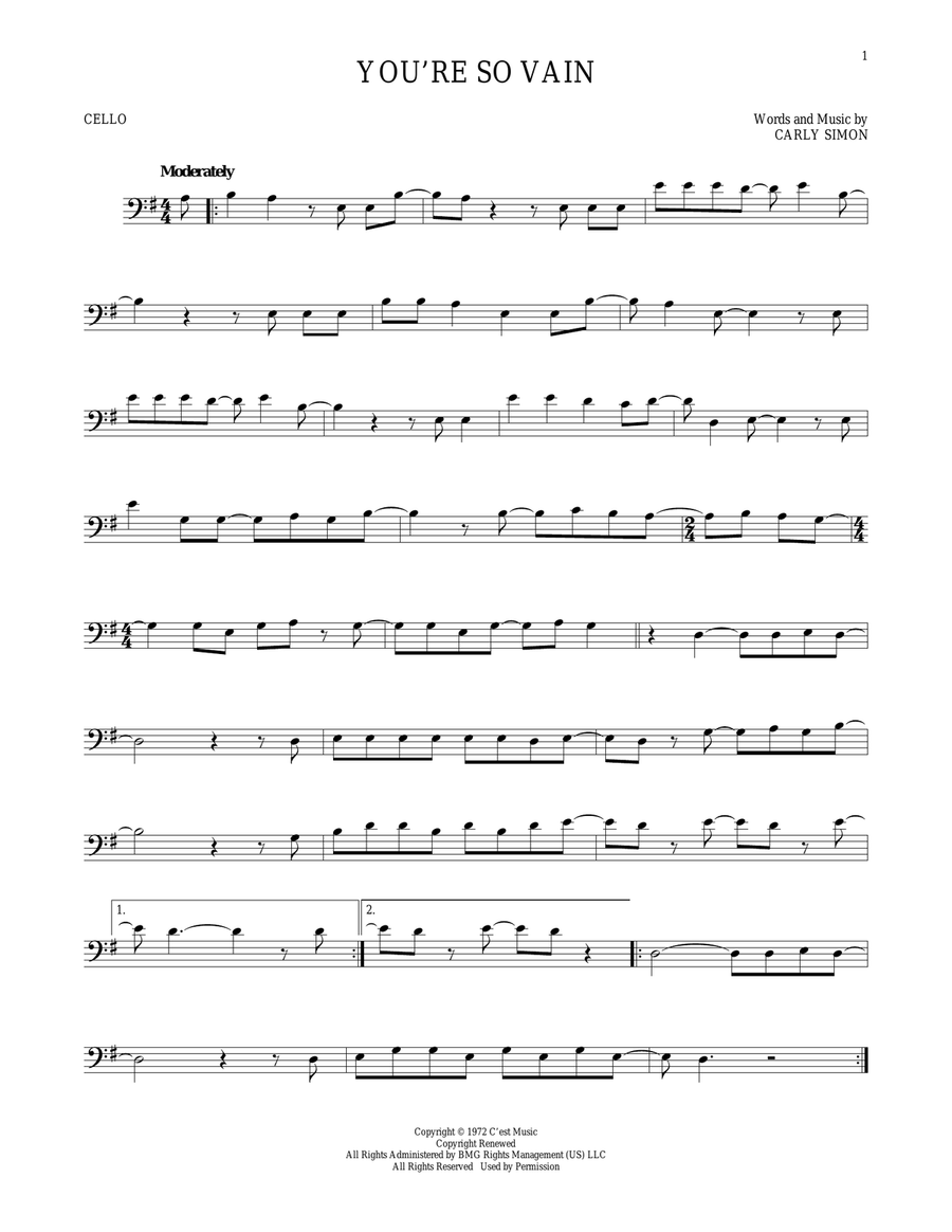You're So Vain Cello Solo scores gallery preview page 1