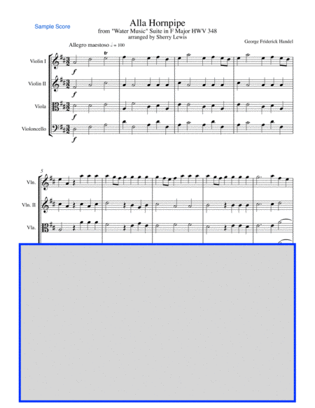 HORNPIPE from Water Music, String Quartet, Intermediate Level for 2 violins, viola and cello image number null
