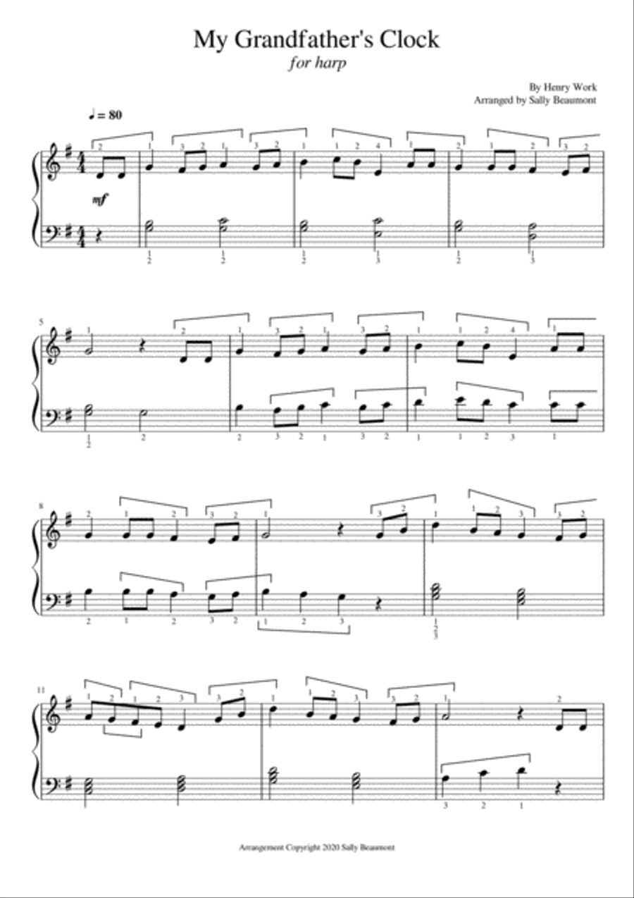 My Grandfather's Clock - Childrens Song for Easy Harp Harp scores gallery preview page 1