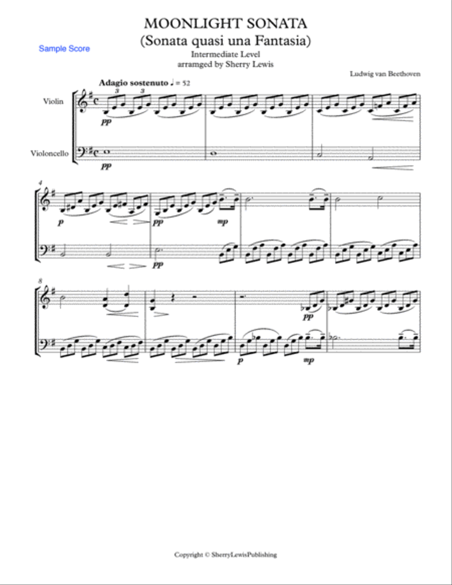 MOONLIGHT SONATA (Sonata quasi una Fantasia), Beethoven, String Duo, Intermediate Level for violin a String Duet scores gallery preview page 3
