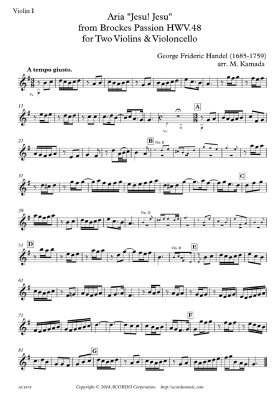 'Jesu! Jesu' from Brockes Passion HWV.48 for Two Violins & Violoncello String Duet scores gallery preview page 3
