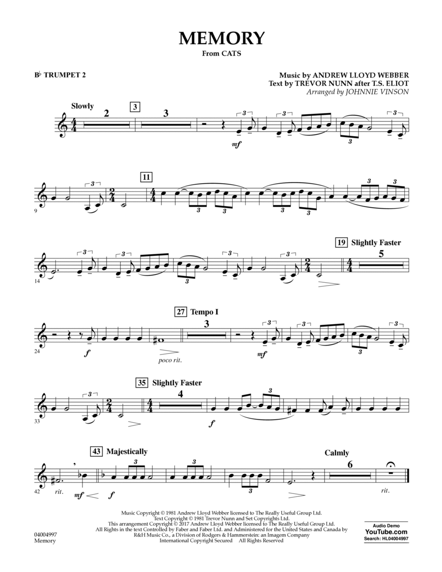 Memory (from Cats) (arr. Johnnie Vinson) - Bb Trumpet 2 Concert Band scores gallery preview page 1
