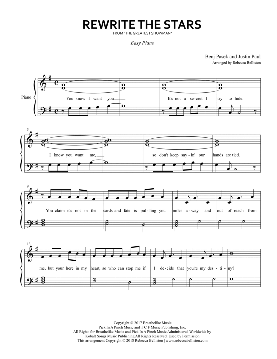 Rewrite The Stars Easy Piano scores gallery preview page 1