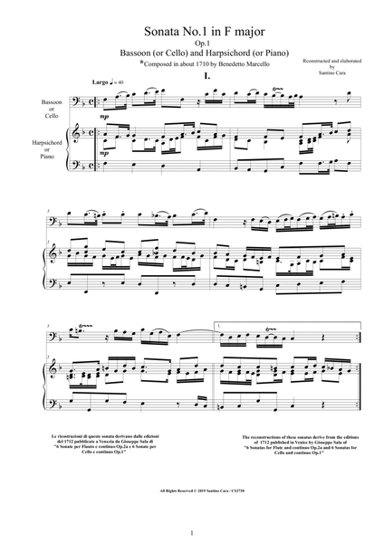 Marcello B - Sonata No.1 in F major Op.1 for Bassoon(Cello) and Harpsichord or Piano image number null