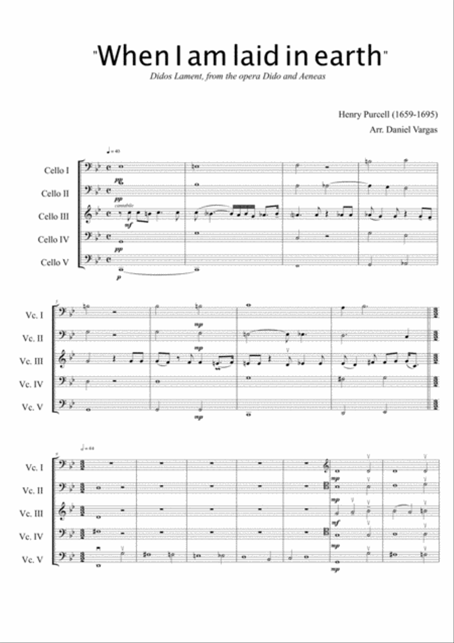 Purcell, When I am laid on earth - Dido´s Lament, from the opera Dido and Aeneas (for cello quintet String Quintet scores gallery preview page 2