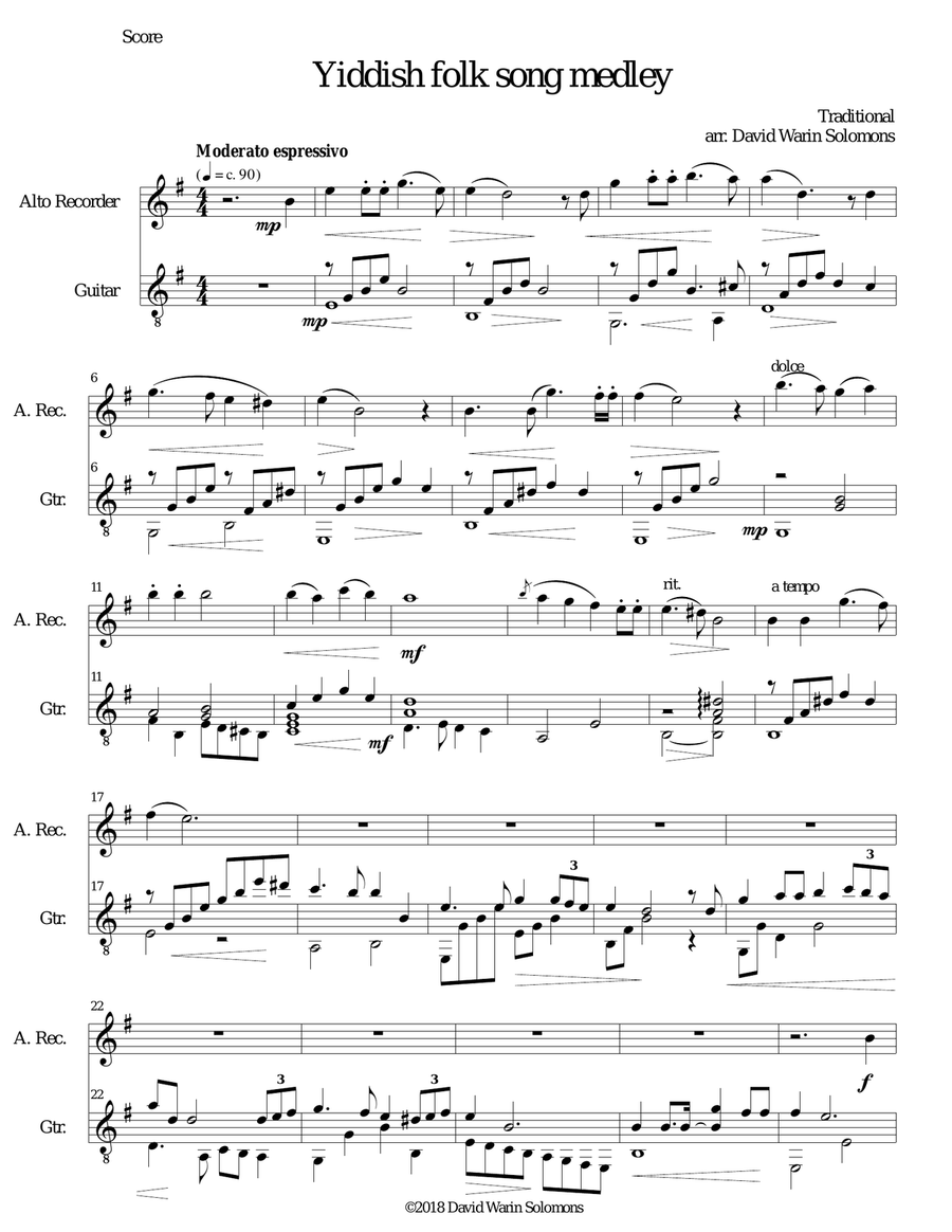 Yiddish Folk Song Medley for Alto Recorder and Guitar Yiddish Folk Song Medley for Alto Recorder and Guitar Alto Recorder scores gallery preview page 1