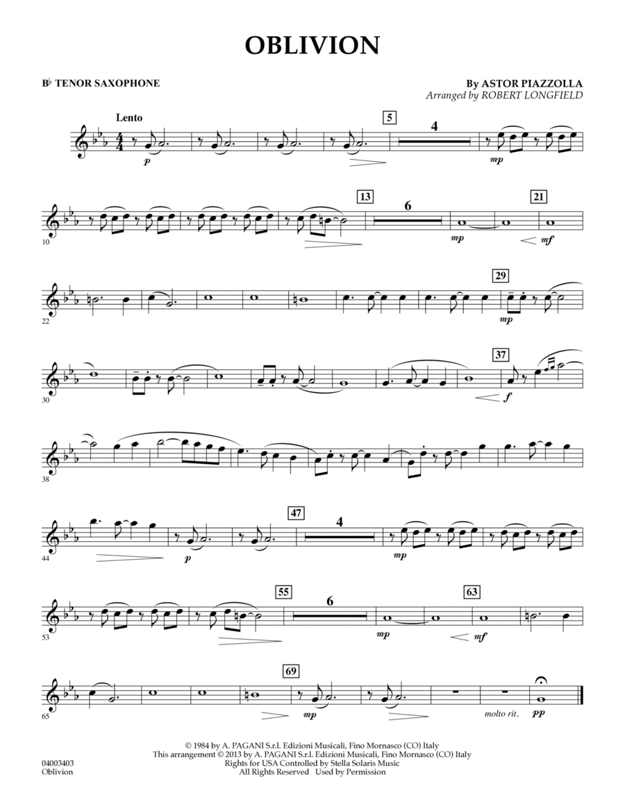 Oblivion - Bb Tenor Saxophone Concert Band scores gallery preview page 1