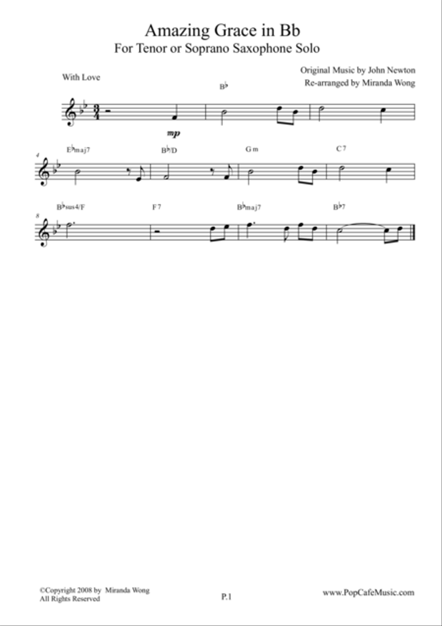 Amazing Grace in Bb - Tenor or Soprano Saxophone Solo
