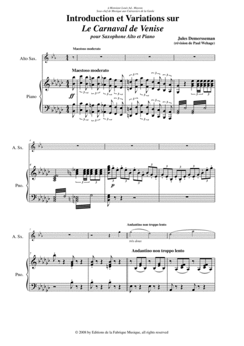 Jules Demersseman - Introduction et Variations sur Le Carnaval de Venise for alto saxophone and pia