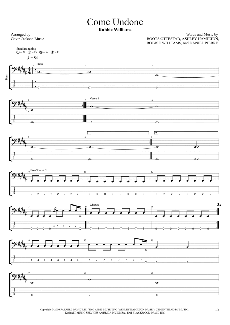 Come Undone Bass Guitar scores gallery preview page 1