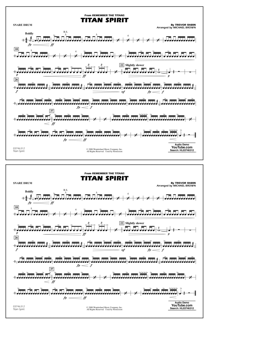 Titan Spirit (from Remember the Titans) (arr. Michael Brown) - Snare Drum Percussion scores gallery preview page 1