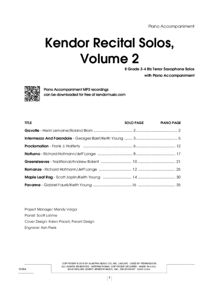Kendor Recital Solos, Volume 2 - Bb Tenor Saxophone With Piano Accompaniment & MP3s image number null
