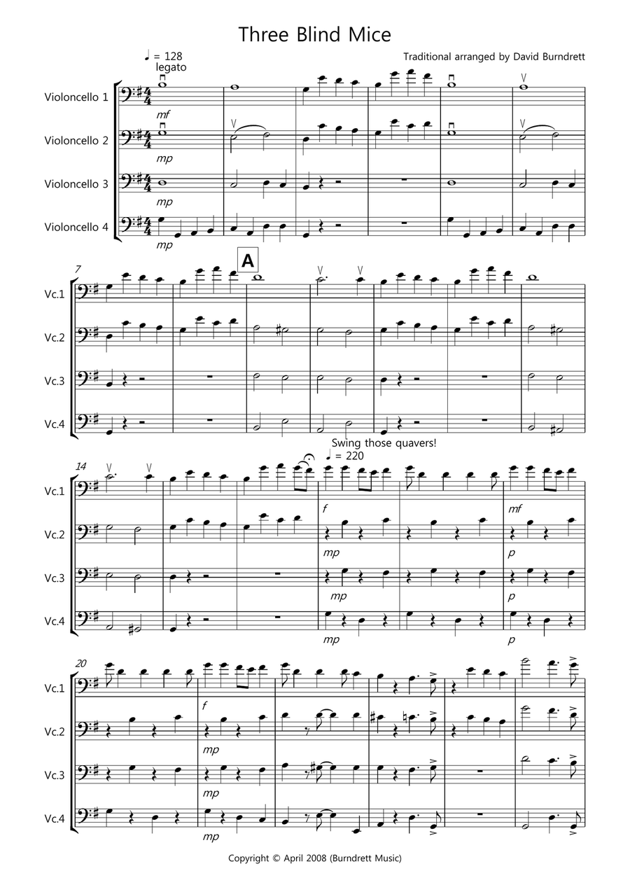 Three Blind Mice for Cello Quartet Cello Solo scores gallery preview page 1